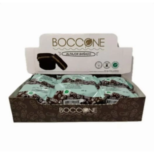 Alfajores de Maicena y Cacao rellenos con Pasta de Maní Bañados 60 gr x 12 u  - Boccone