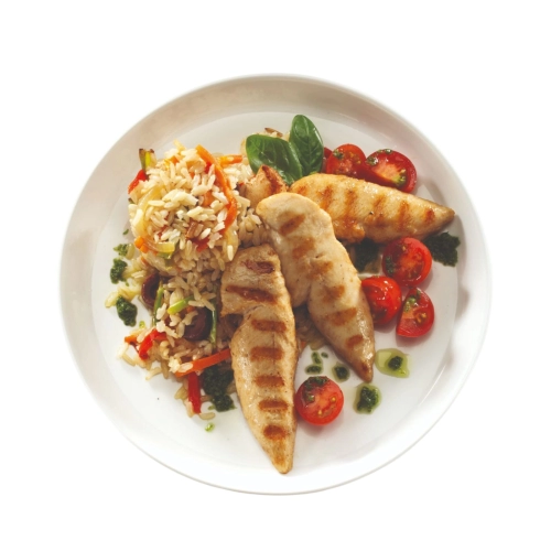Lonjas de pollo con Caponata de Vegetales y Arroz Yamaní 392 Kcal 330 gr - Grandwich